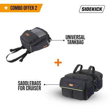 SideKick Combo 2: Universal 15Ltrs Tank bag plus 50Ltrs Cruiser Saddlebags. Both with Outer Rain Covers Included.